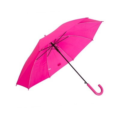 Guarda-chuva rosa aberto com estrutura preta e pega curva rosa