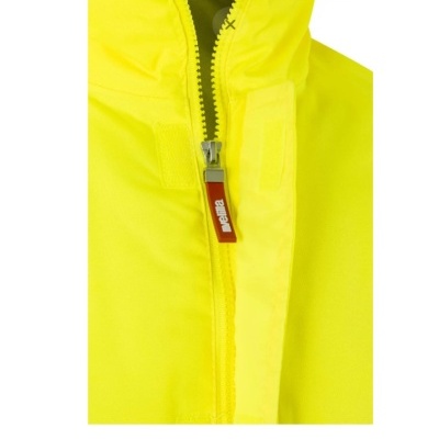 Casaco amarelo com fecho éclair e puxador vermelho com texto branco