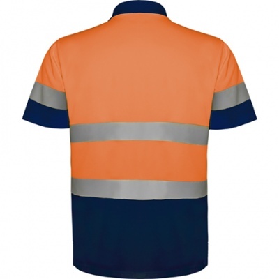 Camisola polo bicolor laranja e azul com faixas refletoras cinzentas.