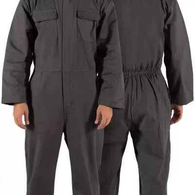 Macacão de trabalho cinza escuro com bolsos e fecho frontal