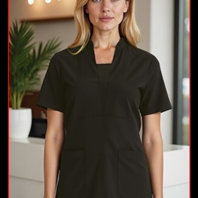 Blusa profissional preta de manga curta com gola em V quadrada e bolsos frontais