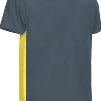 T-shirt cinzenta com faixa amarela nas laterais e bolso no peito