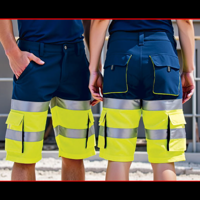 Calções de trabalho azul escuro e amarelo fluorescente com faixas refletoras prateadas