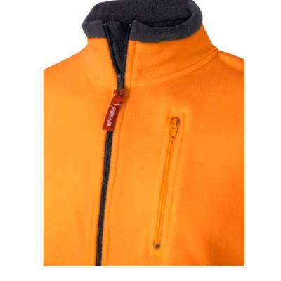 Casaco de fleece laranja com gola preta e fechos