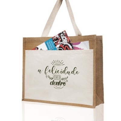 Saco de compras em juta com bolso branco e texto motivacional
