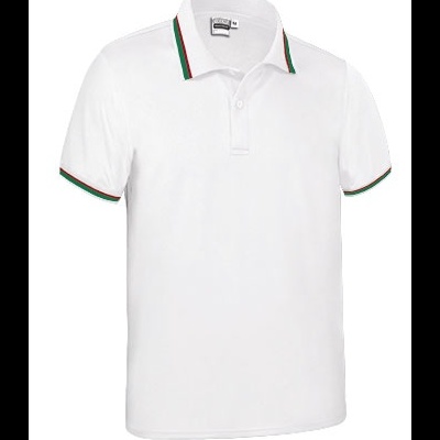 Polo branco com detalhes nas bordas da gola e mangas em verde, vermelho e preto