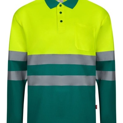 Polo técnico de manga comprida amarelo fluorescente e verde escuro com faixas refletoras