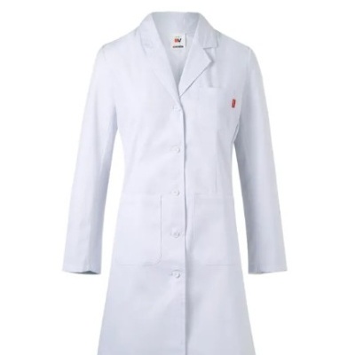 Casaco de laboratório branco com botões e gola de lapela