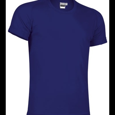 T-shirt azul escura de manga curta com gola redonda e etiqueta branca na gola