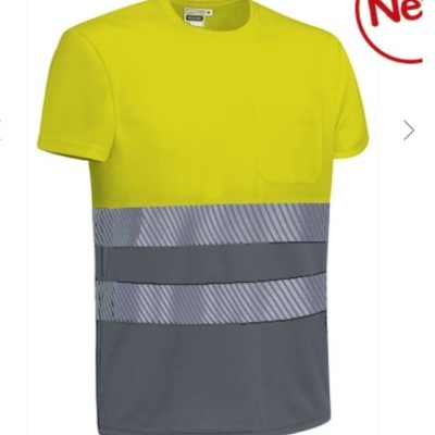 T-shirt de alta visibilidade amarelo e cinzento com faixas refletoras e bolso