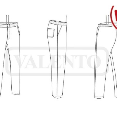 Desenho técnico de calças com bolsos e ajustes na cintura em três vistas