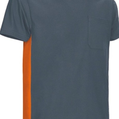 T-shirt cinza com painéis laterais laranja e bolso frontal