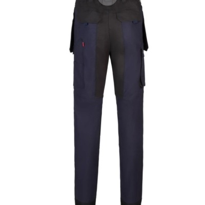 Calças de trabalho azul escuro e preto com vários bolsos