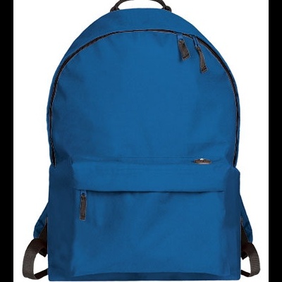 Mochila azul com fechos pretos e alças ajustáveis