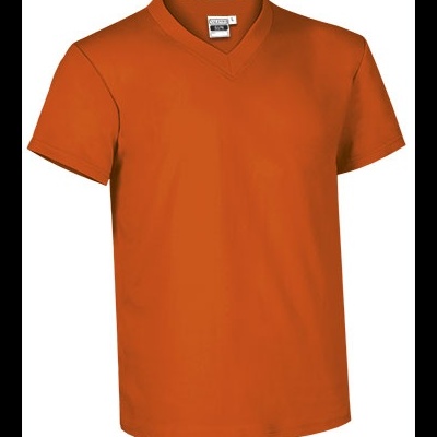 T-shirt laranja de manga curta com gola em V e etiqueta interna.