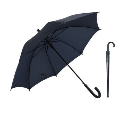 Guarda-chuva azul escuro aberto e fechado com cabo curvo preto