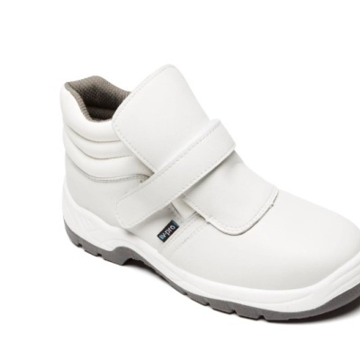 Bota de segurança branca com sola cinza e fecho de velcro