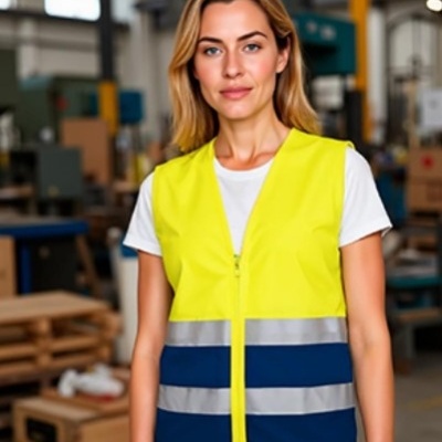 Colete de segurança amarelo fluorescente com faixas refletoras e azuis em ambiente industrial