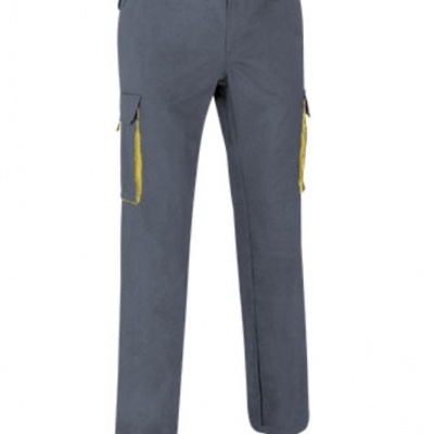 Calças cinzentas com bolsos laterais e detalhes amarelos