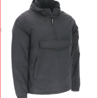 Casaco preto impermeável com capuz e bolsos frontais