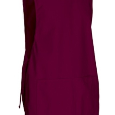 Avental roxo escuro de tecido com bolso frontal e etiqueta na gola