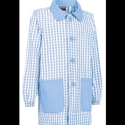 Casaco infantil bata azul claro xadrez com colarinho e bolsos azuis