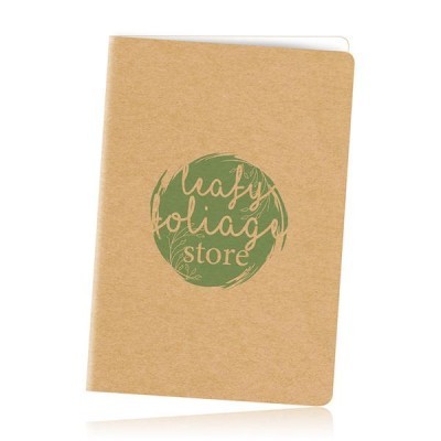 Caderno com capa castanha reciclada e texto verde circular