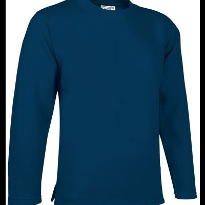 Camisola azul escuro de manga comprida com gola redonda e etiqueta na gola.