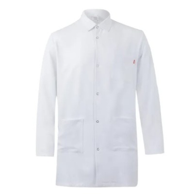 Casaco branco profissional com botoeira e bolsos frontais