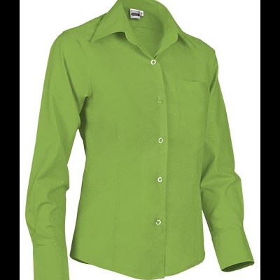 Camisa feminina verde claro de manga comprida com gola clássica e bolso