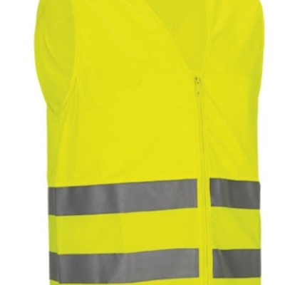 Colete de segurança amarelo fluorescente com faixas refletoras cinzentas