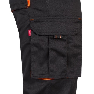Calças de trabalho pretas com bolso de aba e costuras laranja