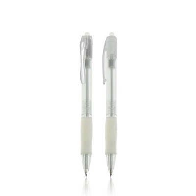 Duas canetas esferográficas transparentes com pega branca e clip prateado