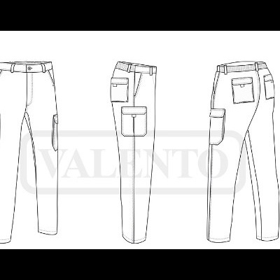 Ilustração técnica de calças de trabalho brancas com bolsos e cinto, vista frontal, lateral e traseira