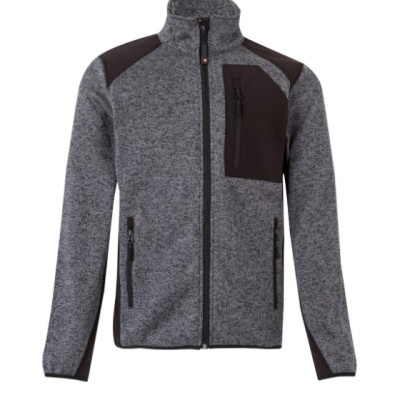 Casaco cinzento e preto com fechos à frente e nos bolsos