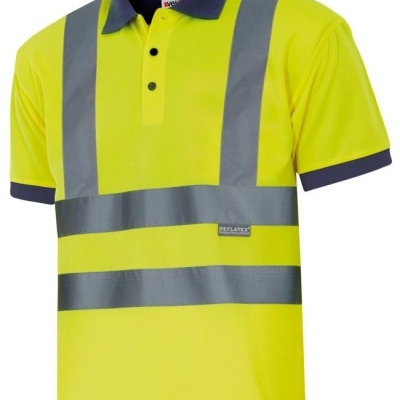 Polo amarelo de alta visibilidade com fitas refletoras cinzentas e gola azul escura