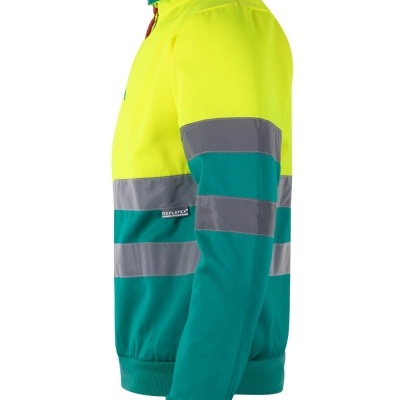 Camisola de alta visibilidade amarela e verde-azulada com faixas refletoras cinzentas