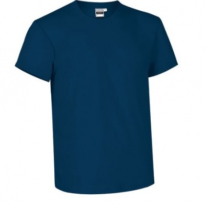 T-shirt de manga curta azul escuro com gola redonda e etiqueta branca no interior