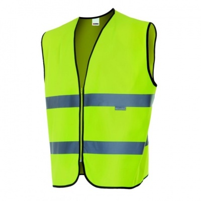 Colete de alta visibilidade amarelo com faixas refletoras cinza