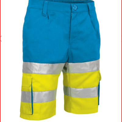 Calções de trabalho azul e amarelos com faixas refletoras cinzentas