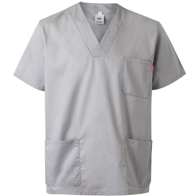 Blusa médica cinzenta com bolsos e gola em V.