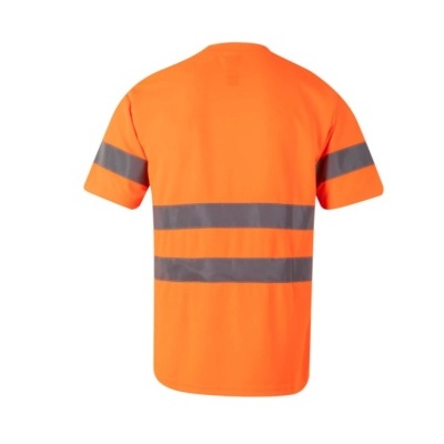 T-shirt laranja fluorescente com faixas refletoras cinzentas nas costas e mangas