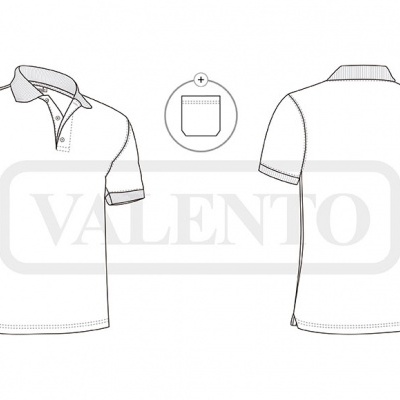 Desenho técnico de t-shirt polo branca com gola cinza e bolso na manga
