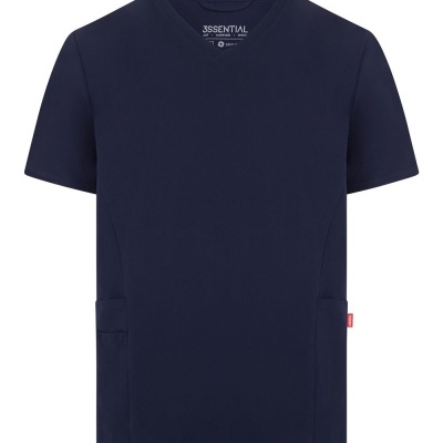 T-shirt azul escura com decote em V e duas bolsas frontais