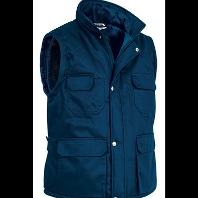 Colete azul escuro sem mangas com bolsos e botões prateados