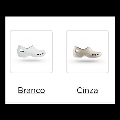 Duas sandálias clogs, uma branca e outra cinza, em fundo branco