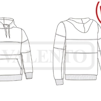 Desenho técnico de hoodie com capuz e bolso canguru frente e verso