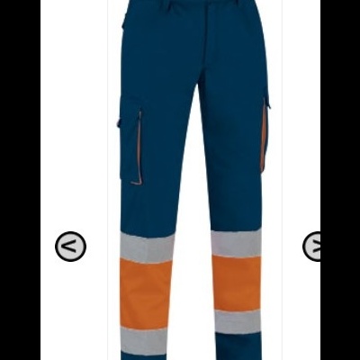 Calças de trabalho azuis escuras com faixas refletoras e bolsos