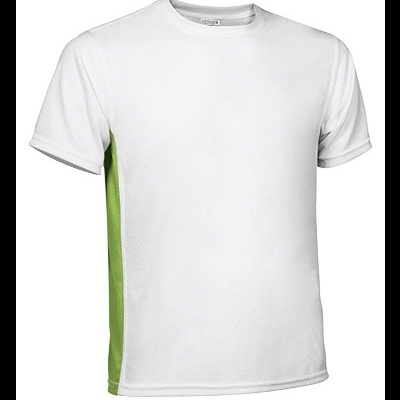 Camiseta desportiva branca com painéis verdes nas laterais