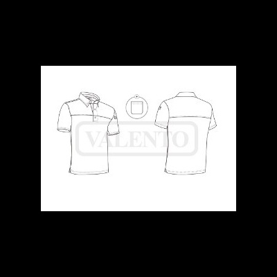 Desenho técnico de camisa polo branca vista de frente e de costas com detalhe circular com texto VALENTO